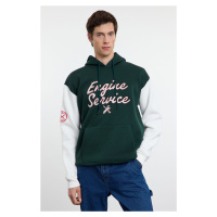 Trendyol Emerald Green Oversize/Wide Cut Text Printed Color Block Hooded Sweatshirt with Fleece 