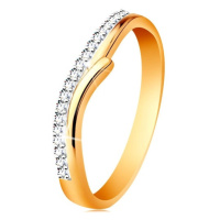 Zlatý 14K prsten s rozdělenými dvoubarevnými rameny, čiré zirkony