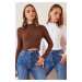 Happiness İstanbul Women's Brown White 2-Pack Ribbed Turtleneck Crop Knitted Blouse