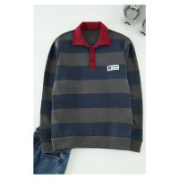 Trendyol Anthracite Regular/Normal Cut Polo Collar Striped Polar Fleece Inside Cotton Sweatshirt