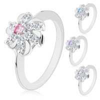 Prsten stříbrné barvy, čirý květ s barevným středem a lesklými obloučky