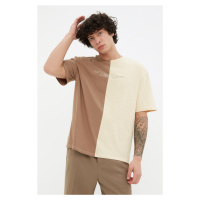 Trendyol Brown Oversize Color Block 100% Cotton Embroidered T-Shirt