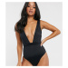 ASOS DESIGN recycled petite glam belted swimsuit in black