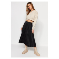 Trendyol Black Pleated Satin Midi Woven Skirt