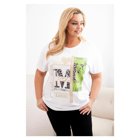 Kesi Włoski Dámská bavlněná halenka Plus Size s potiskem a flitry bílá + zelená