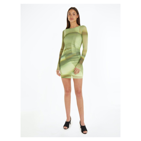 Zelené dámské vzorované minišaty Calvin Klein Jeans Illuminated Mesh Dress