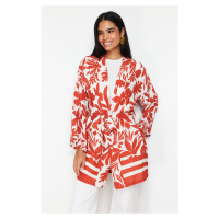 Trendyol Red Floral Patterned Tie Detailed Pocket Kimono & Kaftan