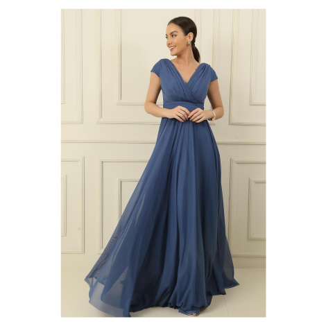 By Saygı Double Breasted Neck Nail Sleeve Full Circle Flared Lined Chiffon Tulle Long Dress