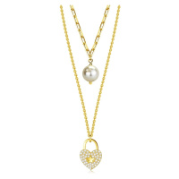 Stříbrný náhrdelník 925 - zlatá barva, bílá syntetická perla, řetízek ve tvaru srdce, čiré zirko