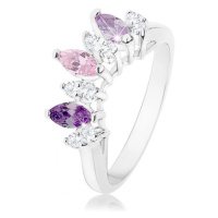 Prsten stříbrné barvy, zrnka v odstínech fialové, růžové a čiré barvy