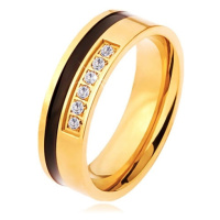 Ocelový prsten zlaté a černé barvy, ozdobná linie čirých zirkonů