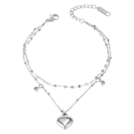 Dvojitý ocelový řetízek na kotník nebo zápěstí, stříbrná barva - vypouklé srdce, kubické zirkony Šperky eshop