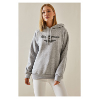 XHAN Gray Text Detail Raised Hoodie Sweatshirt