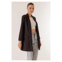 By Saygı Lycra Longitudinal Stripe Long Jacket with Shawl Collar Fake Pockets Oversized