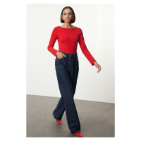 Trendyol Red Cotton Boat Neck Fitted Stretchy Blouse