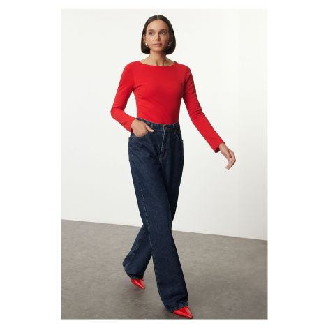 Trendyol Red Cotton Boat Neck Fitted Stretchy Blouse