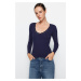 Trendyol Navy Blue V-Neck Lace Detail Ribbed Fitted/Situated Cotton Knitted Blouse in Cotton