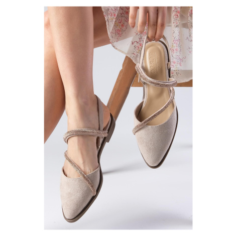 Mio Gusto Poppy Women's Flat Shoes From Genuine Suede Beige with Stones Flat Shoes.