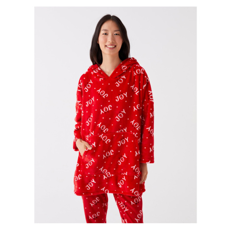 LC Waikiki dámský plyšový pyžamový top s kapucí a vánočním motivem s dlouhým rukávem