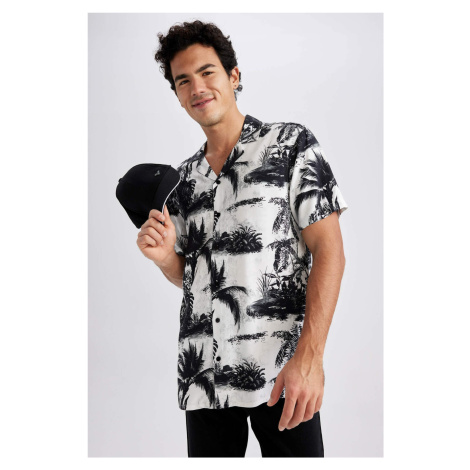 DEFACTO Regular Fit High Collar Printed Viscose Short Sleeve Shirt