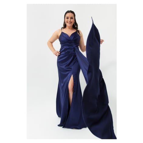 Lafaba Dámské námořnická modř Plus Size Dlouhé saténové večerní šaty a promoční šaty