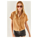 Olalook Women's Camel Bat Oversize Linen Shirt