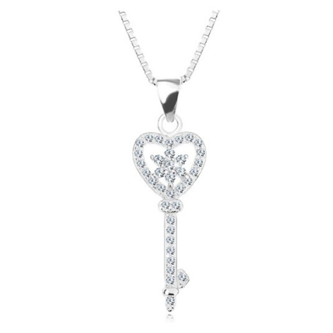 Stříbrný 925 náhrdelník - řetízek s přívěskem, zirkonový klíč - srdce, květ Šperky eshop