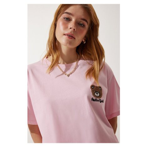 Happiness İstanbul Women's Light Pink Teddy Bear Crest Crop Knitted T-Shirt