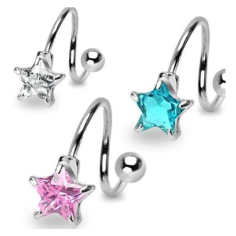 Ocelový piercing do obočí - spirálka s pěticípou zirkonovou hvězdou - Barva zirkonu: Růžová - P Šperky eshop