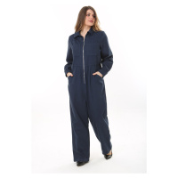 Şans Women's Plus Size Navy Blue Front Zippered 4 Pockets Back Waist Belt Elastic Denim Jumpsuit