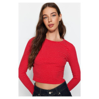 Trendyol Red Striped Slim Crop Crew Neck Ribbed Flexible Knitted Blouse