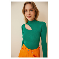 Happiness İstanbul Women's Vibrant Green Cut Out Detailed Corduroy Knitted Blouse