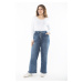 Şans Women's Plus Size Blue Lycra 5 Pocket Wide Leg Front Buttoned Jeans