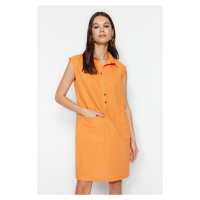 Trendyol Orange Straight Cut Pocket Shirt Collar Mini Woven Linen Look Dress