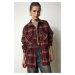 Happiness İstanbul Women's Burgundy Patterned Oversize Cachet Lumberjack Shirt