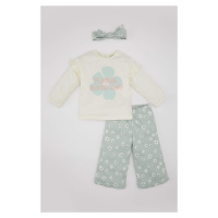 DEFACTO Baby Girl Floral T-Shirt Trousers Headband 3 Piece Set