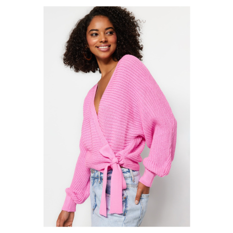 Trendyol růžový pletený svetr s výstřihem do V