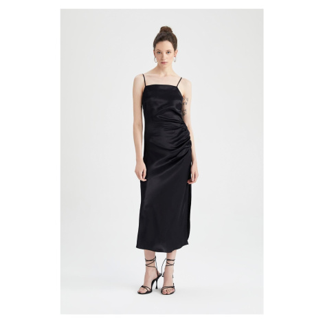 DEFACTO Bodycon Basic Strappy Black Satin Midi Dress