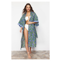 Trendyol Floral Patterned Belted Maxi Woven Ribbon Accessory Kimono & Kaftan