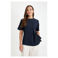 DEFACTO Navy Blue Relax Fit Crew Neck Tied Crepe Short Sleeve T-Shirt