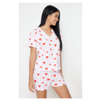 Trendyol Pudrově-Multicolor 100% Bavlněné Pruhované a Srdíčkové Pletené Pyžamo Set