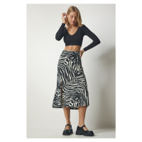 Happiness İstanbul Women's Black Cream Patterned Viscose Skirt with a Slit