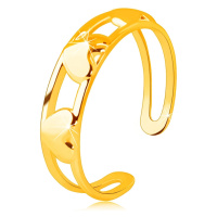 Prsten ze 14K zlata - tři souměrná zrcadlově lesklá srdce mezi dvěma liniemi