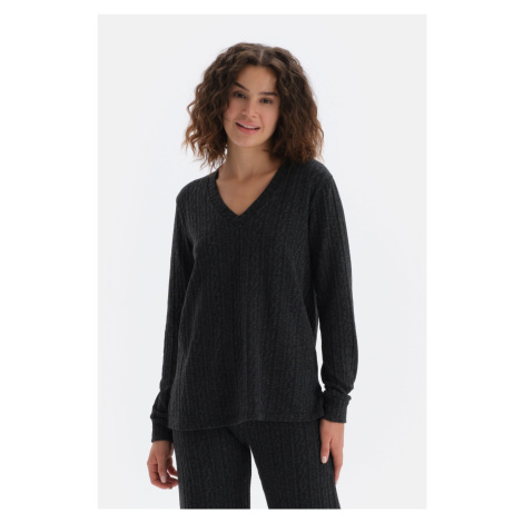 Dagi Anthracite V-Neck Long Sleeve Braided Sweatshirts