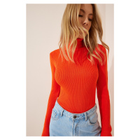 Happiness İstanbul Women's Orange Turtleneck Corduroy Lycra Knitwear Sweater