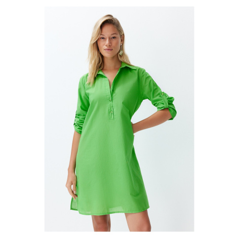 Trendyol Green Belted Midi 100% Cotton Beach Dress with Woven Ribbon Accessory