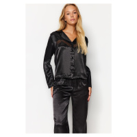Trendyol Black Satin With Mesh Detail On The Chest Shirt-Pants Weave Pajamas Set