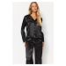 Trendyol Black Satin With Mesh Detail On The Chest Shirt-Pants Weave Pajamas Set