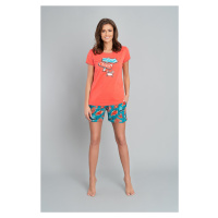Dámské pyžamo Oceania, krátký rukáv, krátké nohavice - korál/potisk