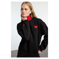 Trendyol Black Embroidered Regular/Normal Fit Thick Inside Fleece Knitted Sweatshirt